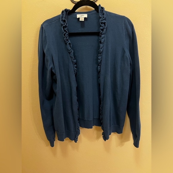 LOFT Sweaters - LOFT Dark Blue / Teal Ruffle Trim Cardigan